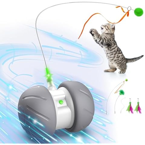 Oxawo Interactive Cat Toys Fast Rolling Power Ball with Extra Long Feather Wand, Motion Activated Cat Toys Cover