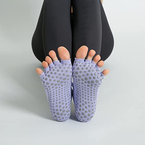 Image of Yoga Pilates Toe Socks Toeless Socks with Grips for Women Non Slip Cushioned Low Cut Ankle Socks for Dance