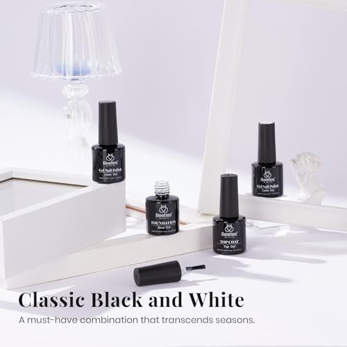 Image of Beetles Black White Gel Polish - Black White Colors Gel Polish Kit 4Pcs Gel with No Wipe Top & Base Coat Nail Kit Soak Off UV LED Lamp Manicure Salon DIY Home