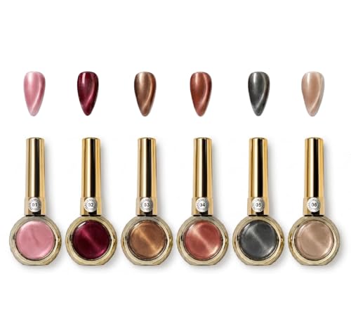 Image of Set of 6 Professional Cat Eye Gel Polish | Magnetic Nail Art Gel Polish | UV /LED Soak-Off | Long-Lasting | Shiny Cat-Eye Effect (15 ML) (Sik Base)