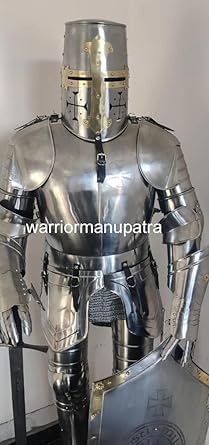 Medieval Templar Knight Full Steel Suit of Armor, Wearable Costume with Shield and Sword, 18-Gauge Nickel Finish