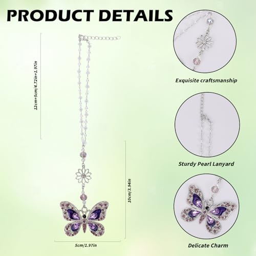 Luneclat Car Mirror Hanging Accessories - Purple Butterfly Crystal Rhinestone Pendant for Rear View Mirror, Cute Car Interior Accessory for Women, Gift for Driver Mom Friends - Thumbnail 6