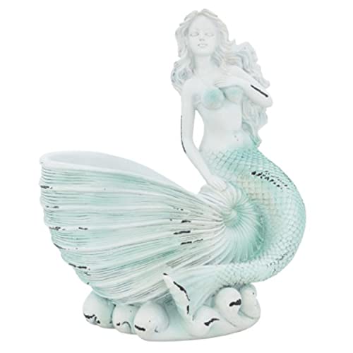 Mermaid Shell Figurine Coastal Decorative Accent Home Decor Distressed Whitewash 10 1/2 Inches Tall (Aqua Blue) #TOP18