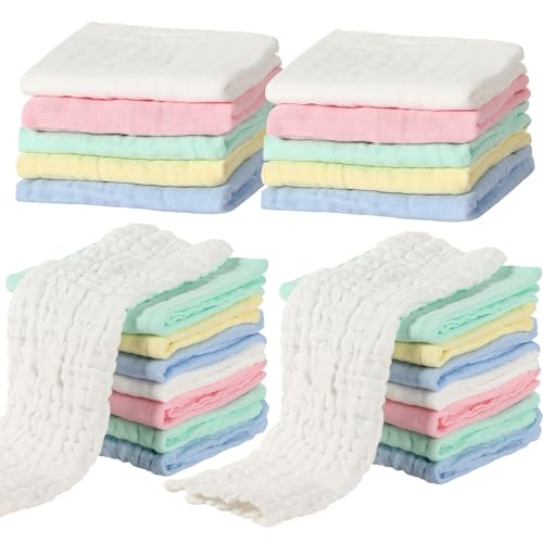 Image of Chumia 20 Packs Muslin Baby Burp Cloths Set Large 20 x 10 Inch Cotton 6 Layers Burp Cloths Baby Boy Newborn Washcloths Infant Burp Wipe Soft Absorbent Baby Towel for Boys and Girls(Multi Colors)