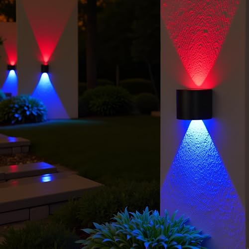 Image of FERA 2 Way LED Wall Light Outdoor Waterproof - Red & Blue Color Up Down Spot Lamp for Home Decoration, Gaming Room & Balcony - Modern Exterior Wall Lights (IP65, Black) (2 ray Color)