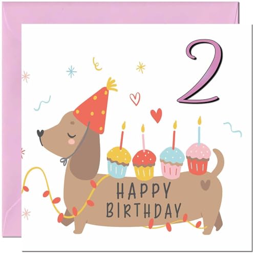 2nd Birthday Card for Kids - Cute Sausage Dog Dachshund Birthday Card for 2 Year old Girl Kids Daughter two, second Granddaughter Sister Niece cousin