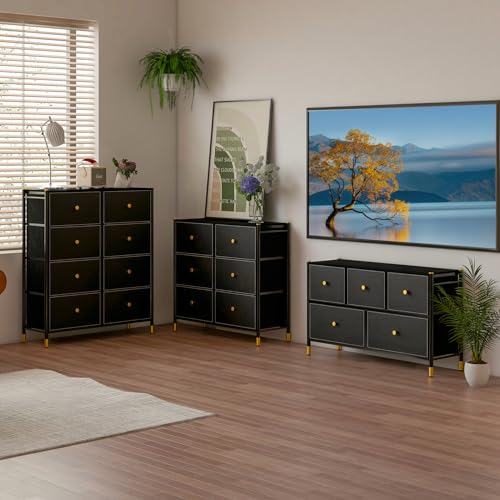 COSTWAY Chest of Drawers, PU Leather Fabric 5/6/8-Drawer Dresser Tower, Metal Frame Drawers Cabinet Storage Organizer Unit for Bedroom, Living Room, Closet and Hallway (Black, 4 Tiers-8 Drawers) - Image 8