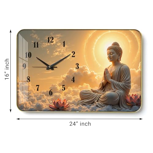 Image of Decorative Wall Clock with Glass Finish for Home & Office Decor (24x16 Inch) | Religious Buddha Wall Clock for Living Room & Temple