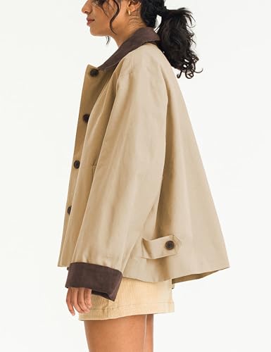 Lviefent Womens Contrast Collar Jacket Casual Button Down Long Sleeves Crop Trench Coat Outerwear with Pockets3