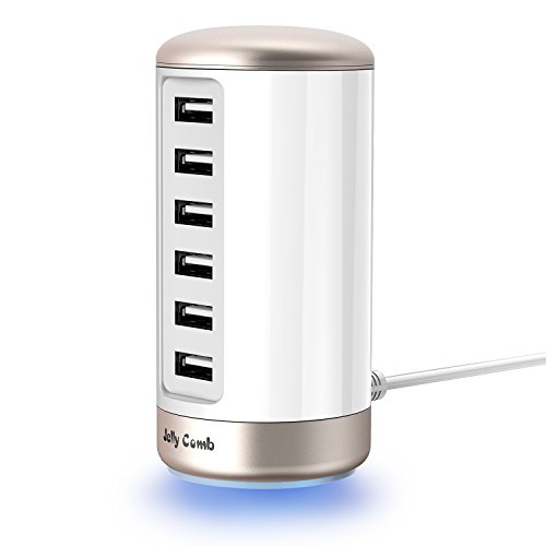 USB Charger 6-Port USB Wall Charger : Jelly Comb Universal Multiple USB Charger Station with Smart Identification for Phones, Tablets and All Other USB Devices - White & Gold