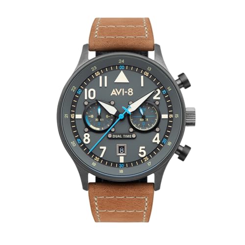 AVI-8 Herren 43.5mm Hawker Hurricane Carey Dual Time Orissa Japanische Quarz-Fliegeruhr mit Lederarmband AV-4088-04