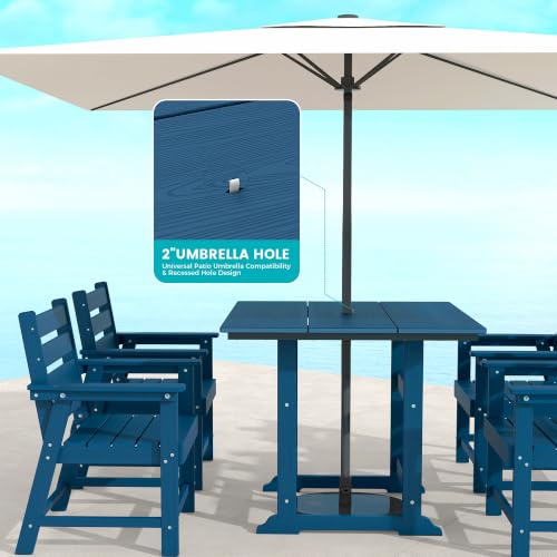 Image of 8 Piece Patio Dining Set, HDPE All-Weather Furniture with 6 Chairs & 2 Square Table, for Backyard, Garden, Navy Blue