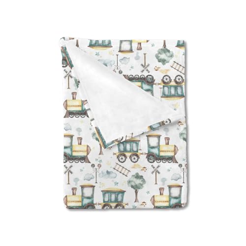 Image of HawSkgFub Watercolor Green Train Rail Baby Blanket for Boys Gift, Clouds Stars Transportation Flannel Fleece Nursery Bed Blankets, Soft Warm Lightweight Newborn Infant Toddler Kid Crib Bedding 30 x 40