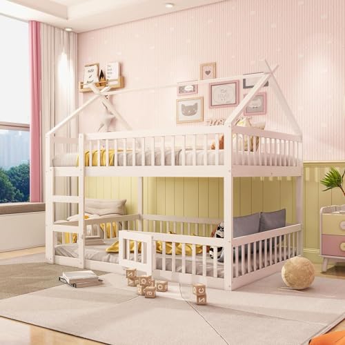 Etagenbett 140x200, Kinderbett Hochbett für 4 Kinder, Hausbett mit Leiter und Tür, Kinderhochbett mit Rausfallschutz, Bettgestell Stockbett Familienbett Loft Bett, mit Lattenrost, Massivholz, Weiß Etagenbett 140x200, Kinderbett Hochbett für 4 Kinder, Hausbett mit Leiter und Tür, Kinderhochbett mit Rausfallschutz, Bettgestell Stockbett Familienbett Loft Bett, mit Lattenrost, Massivholz, Weiß