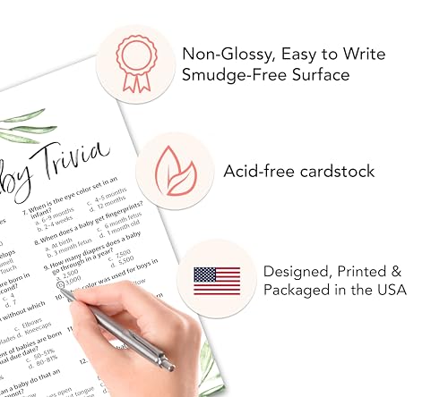 Inscape Creations Greenery Baby Shower Games — Baby Trivia Game — Pack of 25 — Fun Facts Trivia Green Olive Branch, Floral Rustic Gender Neutral Couples Shower Activity Reveal Party G320-TRV