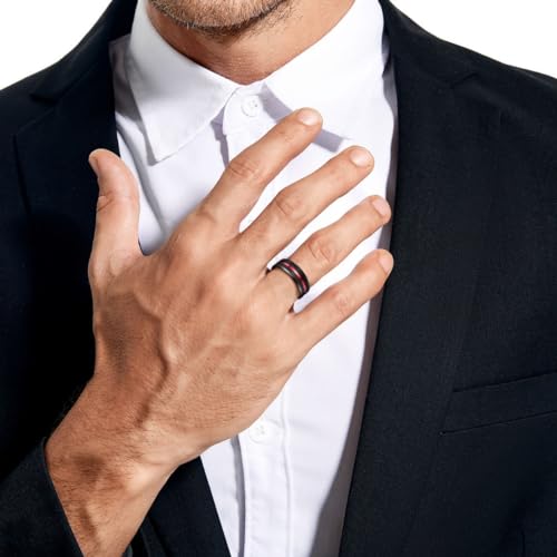 NUNCAD 8mm Men's Tungsten Rings Black Red/Blue/Rose Gold Grooved Center Matte Finish Wedding Band Polished Beveled Edges Size 4 to 163