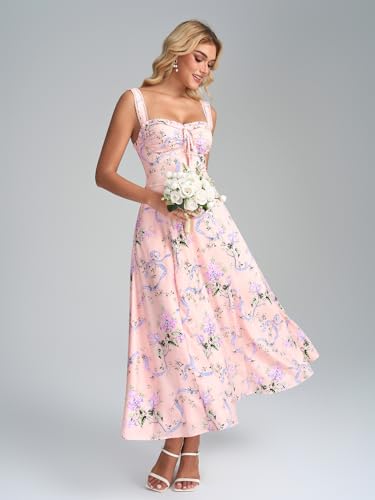 Image of KUTUMAI Floral Corset Midi Dresses for Women 2026 Lace Up Flowy Summer Wedding Guest Dress with Pockets