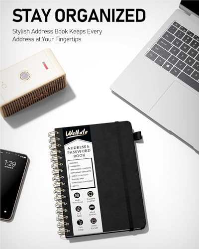 WEMATE Spiral Address Book with Alphabetical Tabs, Leather Password Book, Address Organizer Telephone Notebook Journal Keep Contact Safe Hardcover Large Print for Seniors Home Office 5.8″×8.2″, Black - Thumbnail 7