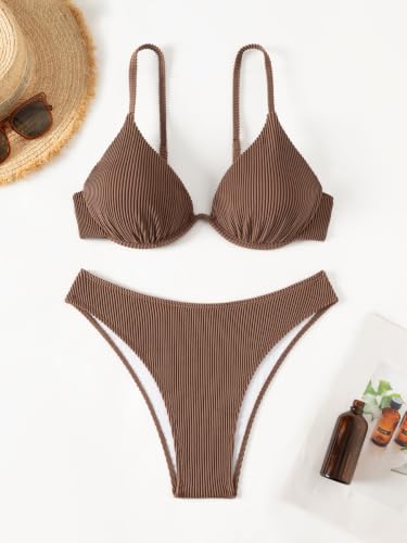 Image of Fanuerg Women Underwire Triangle Bikini Spaghetti Strap Push Up Swimsuit Cheeky Two Piece Bathing Suit