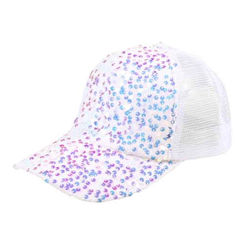 Baseball Cap for Women Adjustable Summer Sequins Outdoor Fashion Breathable Mesh Cap Sun Protection Ponytail Hat (US, Numeric, 6 7/8, 7 1/2, White)
