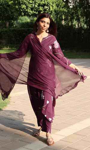 Image of ANNI Designer Women Rayon Viscose Straight Fit Floral Printed Kurta Pant Dupatta Set | V Neck Three Quarter Sleeve Outfit | Soft Lightweight Fabric | Elegant Comfortable Office Casual Wear