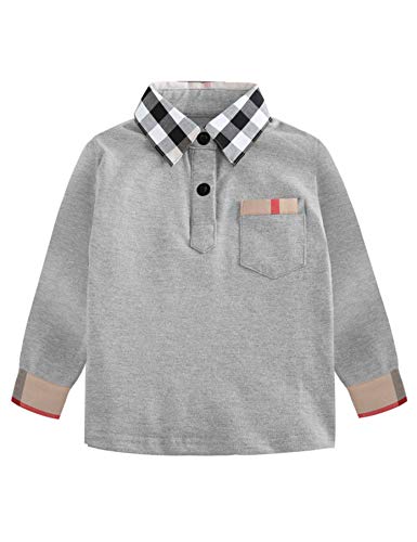 Boys Casual Long Sleeve Cotton Plaid Button Down Shirts Tops Polo Shirt 3-4 Years Gray