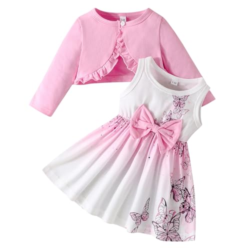 Kunyeah Baby Girls Dress and Cardigan Set Infant Ruffle Shrug Coat Butterfly Print Skirt Toddler Long Sleeve Outfit