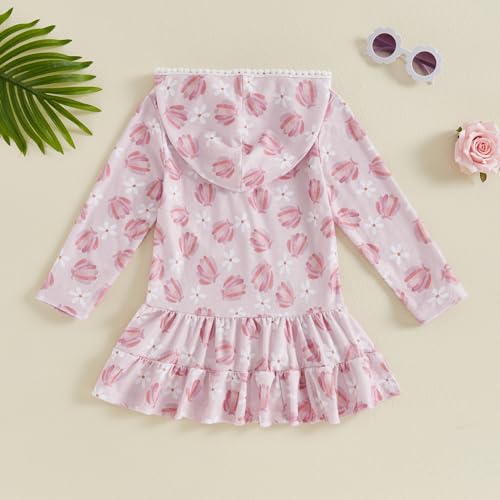 Image of Girls Terry Cloth Swim Cover Up Zip Up Hooded Bathing Suit Coverup Wraps Rufled Kids Pool Beach Robe Cover-Up Dress