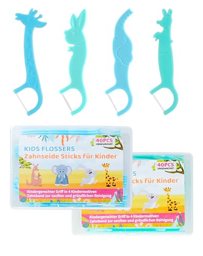 ZITFRI 80 Pcs Fils Dentaires pour Enfants Porte Fil dentaire avec Manche Dental Floss Picks Fils Interdentaires - Vert et bleu