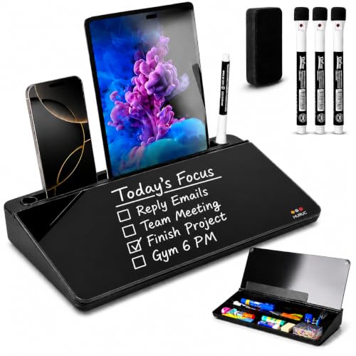 HURUC Desk Buddy Glass Desktop Whiteboard – Desk Board Buddy Hidden Storage