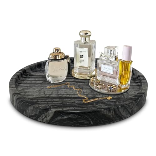 XINFUHUA Travertine Tray, Small Ceramic Vanity Tray for Bathroom Counter Decor, Round Marble Decorative Trays for Coffee Table (Grey Black, Large Size)