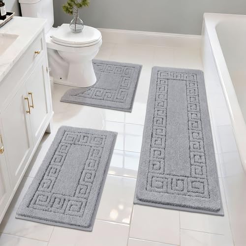Pauwer Bathroom Rugs Sets 3 Piece, Plush Absorbent Bath Rug, Light Grey