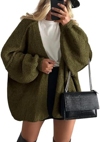PRETTYGARDEN Womens Oversized Cardigan Sweaters 2026 Fall Long Lantern Sleeve Knit Open Front Lightweight Sweater (Army Green,Small)