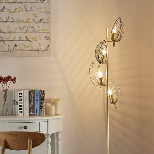 Woxxx Industrial Gold Floor Lamp With 4 Brush Black Finish Leaf Shade, Modern Tree Floor Lamps For Living Room Bedrooms Reading Standing Lamp Living Room Lamps Farmhouse Tall Lamp (4 Bulbs Included) #TOP3