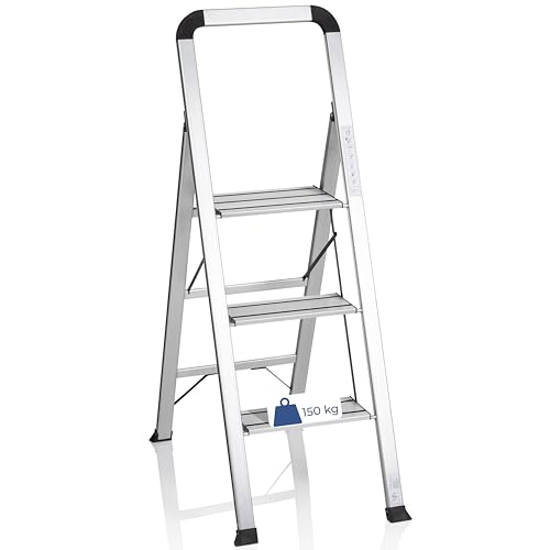 hjh OFFICE 801104 Escalera Aluminio 3 Peldaños Plegable Solid V Escalera de Mano hasta 150 kg, Antideslizante, Ligera y Resistente, Uso doméstico