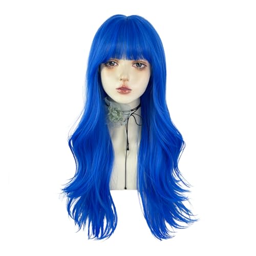 WKLOUYHE Blue Long Wavy Wigs with Bangs for Women - Loose Curly Synthetic Cosplay Wig for Girl - Colorful Costume Wigs