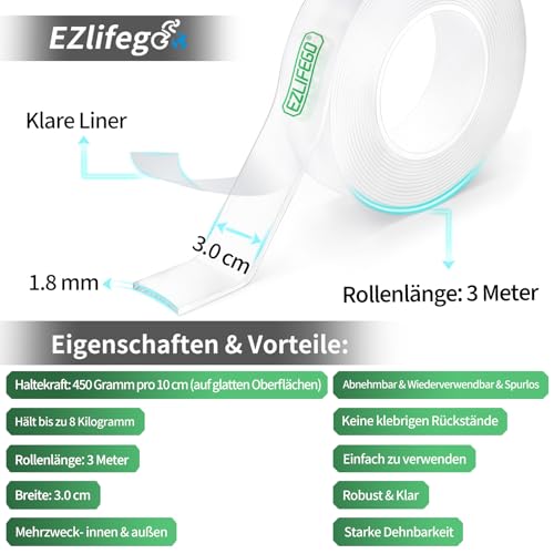 EZlifego Doppelseitiges Klebeband Extra Stark, Transparent Nano Tape, Abnehmbar Wänden Klebestreifen, Klebriges Posterband zur Dekoration, Poster Strips Klebepads, Double Sided Tape - 3 meter