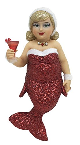 December Diamonds Miss Jolly Mermaid Ornament, 4.5 Inches, Red Resin Mermaid with Glitter Finish and Holiday Drink