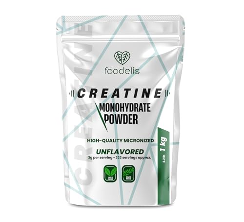 Foodelis Creatina Monohidratada en Polvo 1 kg / 333 Dosis - 100% Creatina Monohidrato Micronizada - Sin Sabor - Pura y Sin Aditivos - No-GMO - Alta Solubilidad - Incluye Dosificador