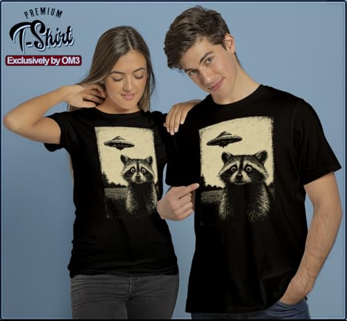 OM3® Szop Raccoon UFO T-shirt z napisem - męski - retro Sci-Fi inwazja kosmitów - S - 5XL, czarny, XXL