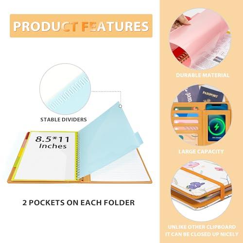 Clipboard with Storage for Men Women, Leather Padfolio Portfolio Organizer 5 Folders with 10 Pockets, Spiral Clipboard Folio with Notepad for Letter Size, Elastic Closure and Pen Loop Flowers