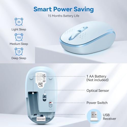 Image of TECKNET Compact Ambidextrous Wireless Mouse for Laptop Blue | 2.4G Quiet Computer Mouse with USB Receiver, 3 Adjustable DPI Portable Cordless Mice for Chromebook, Laptop, PC, Mac