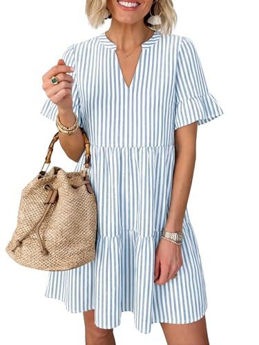 Image of Caracilia Dresses for Women Summer 2026 Striped V Neck Ruffle Sleeve A Line Tiered Flowy Casual Mini Beach Dress with Pockets