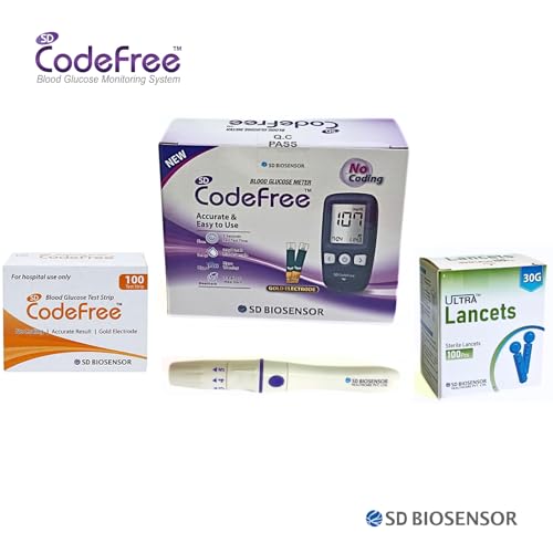 Image of SD Codefree Blood Sugar Monitor - Complete Diabetes Testing Kit with Glucose Monitor, 100 Test Strips, 100 SD Biosensor Round Lancet & Lancing Device - Code-Free Blood Glucose Monitors for Accurate Diabetic Monitoring