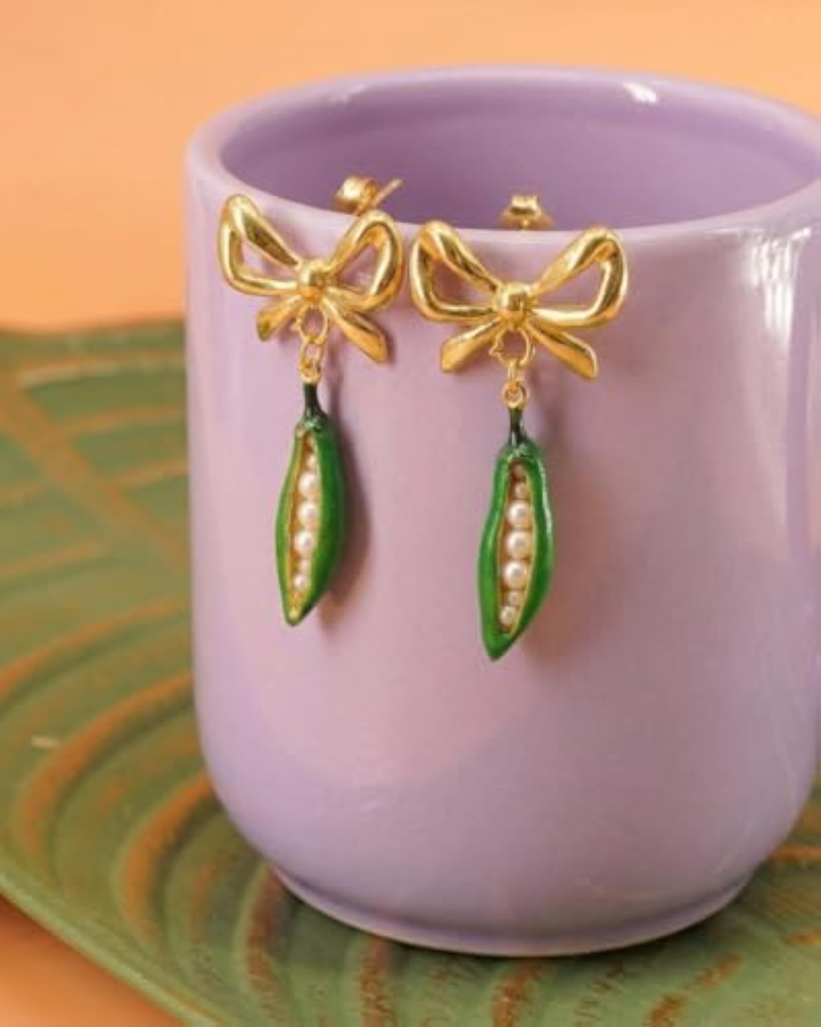 Women's Pea Pod Drop Earrings with Gold Bow Studs