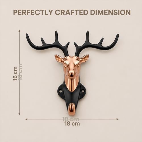 Image of Deer Head Wall Key Holder, Zinc Alloy Hanging Hooks, PVD Rose Gold Black Finish, Entryway Organiser, Home Decor, Pack of 1-| 3 Years Warranty |