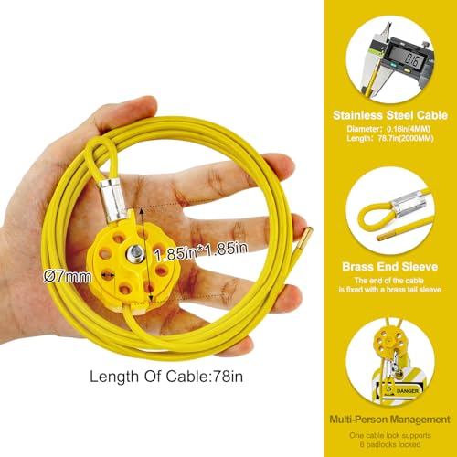 Image of Lockout Tagout Cable Lock | 0.16'' x 78'' Adjustable Loto Locks | PVC-Coated Steel Cable for Valves & Panels | OSHA Compliant | Yellow, 2Pack