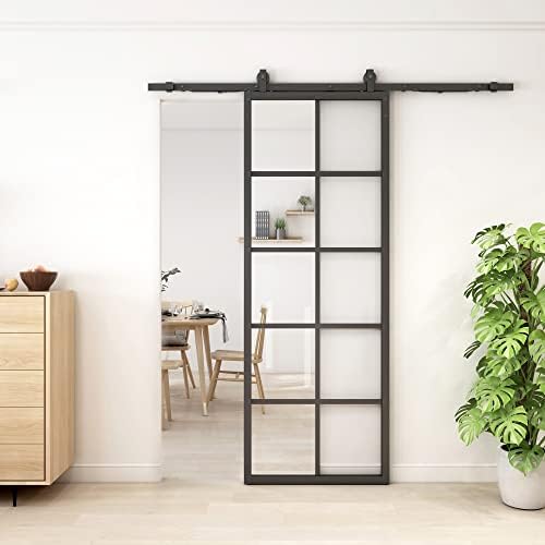 JUBEST DIY Glass Sliding Barn Door, 30in x 84in Modern French Door, Sturdy 5-Lite Clear Tempered Glass Aluminum Frame Sliding Closet Kitchen Door, Easy Assembly
