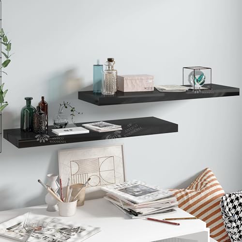 Image of Wooden Floating Wall Shelf| Wall Mount| Wall Rack| Wall Bracket for Home and Office Decor | Big Mounted Cabinets (Large, Set of 2, Black)