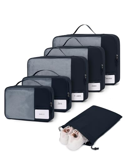 ECOHUB Organisateur Valise Packing Cubes 6 Pièces Sac Rangement Valise avec Étiquette DIY Léger et Respirant Housse Compartiment Valise Organiseurs de Bagage Pochette Vetement Voyage, Bleu Marine